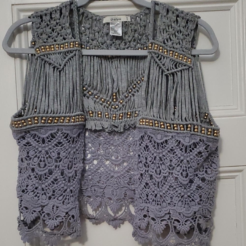 Gray Crochet Lace Vest